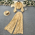 Lightly mature eleganttwo-piece set women's classy sense bows pleated polka dot chiffon topshigh waistloose casual pants