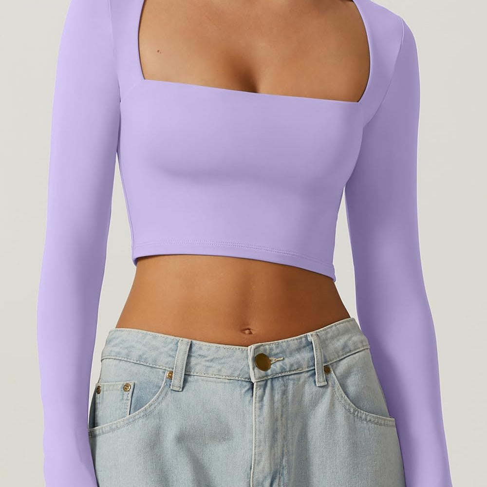 european and american autumn women's slim-fit cropped top: solid color square neck base layer, gentle long-sleeve square neck short top