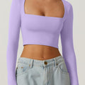 european and american autumn women's slim-fit cropped top: solid color square neck base layer, gentle long-sleeve square neck short top
