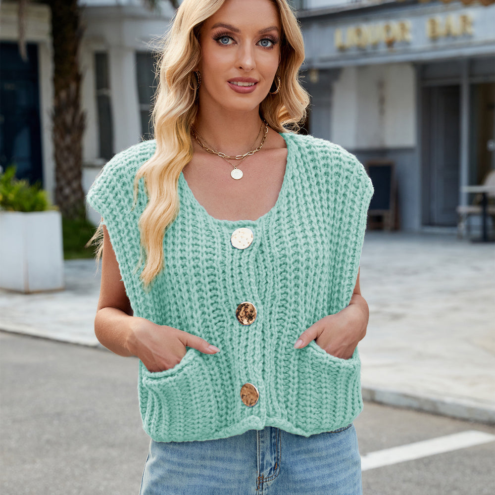 Fashion cross-border women's clothing  independent station new v-neck three-button sleeveless cardigan sweater vest