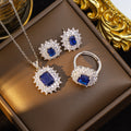 hot-selling fashion light luxury square necklace, earrings, and ring set, featuring sapphire accents. a sophisticated and versatile accessory, perfect for pairing with sweaters and other outfits