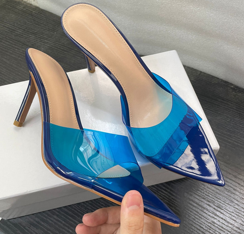 Wo huizhou european and american women's shoes transparent one-line high heels stiletto pointed toe not tired feet easiest for match summer slippers outwear