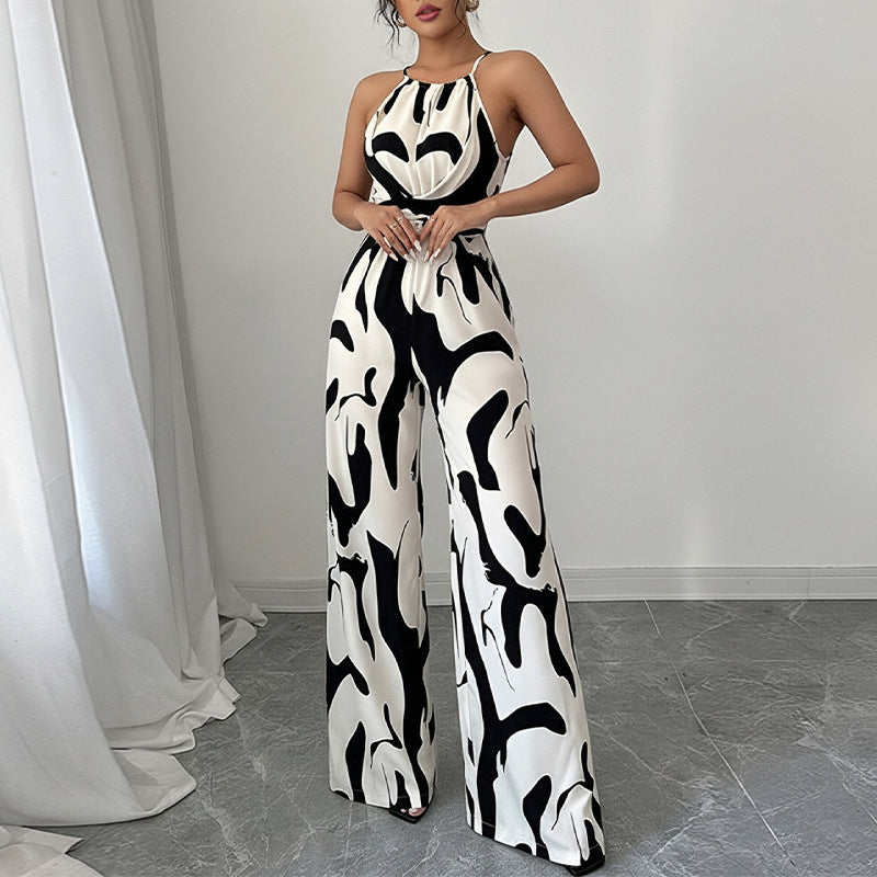 summer new women's clothing: cross-border european & american style, fashionable & elegant commute-friendly round neck printed sleeveless jumpsuit