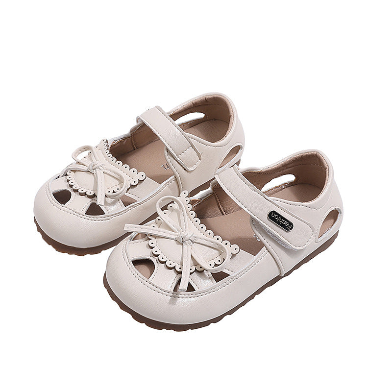 New girls' sandals: summer kids' fashion bow solid color princess shoes, soft sole hollow-out classic leather shoes