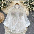 Luxury-inspired, heavily embellished beaded & sequined embroidered lantern sleeve blouse - women's summer lightweight, loose-fit outerwear long sleeve top