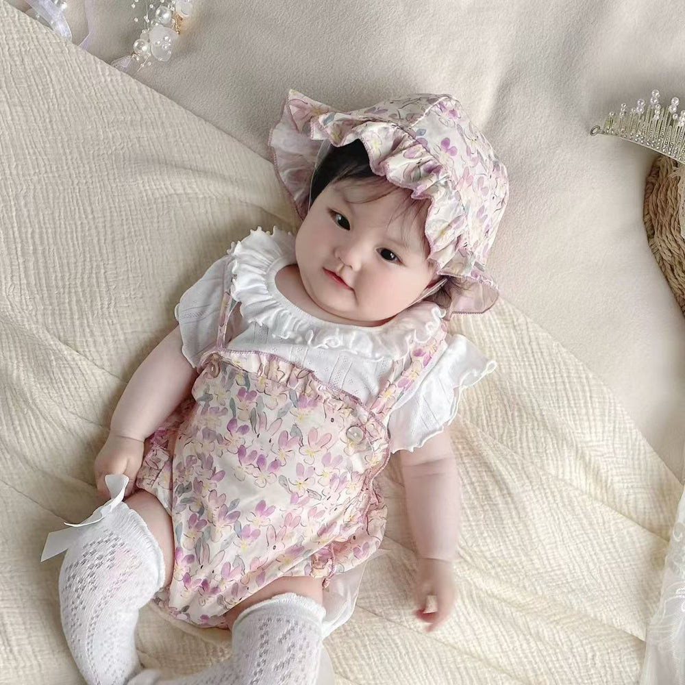 Baby girl summer lightweight romper outfit, floral print bodysuit, infant short-sleeve romper, stylish four-piece set