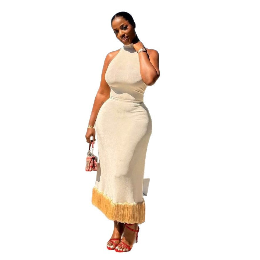 European and american cross-border african women's clothing  summer new arrival: elegant semi-high neck slim-fit sleeveless tassel backless dress
