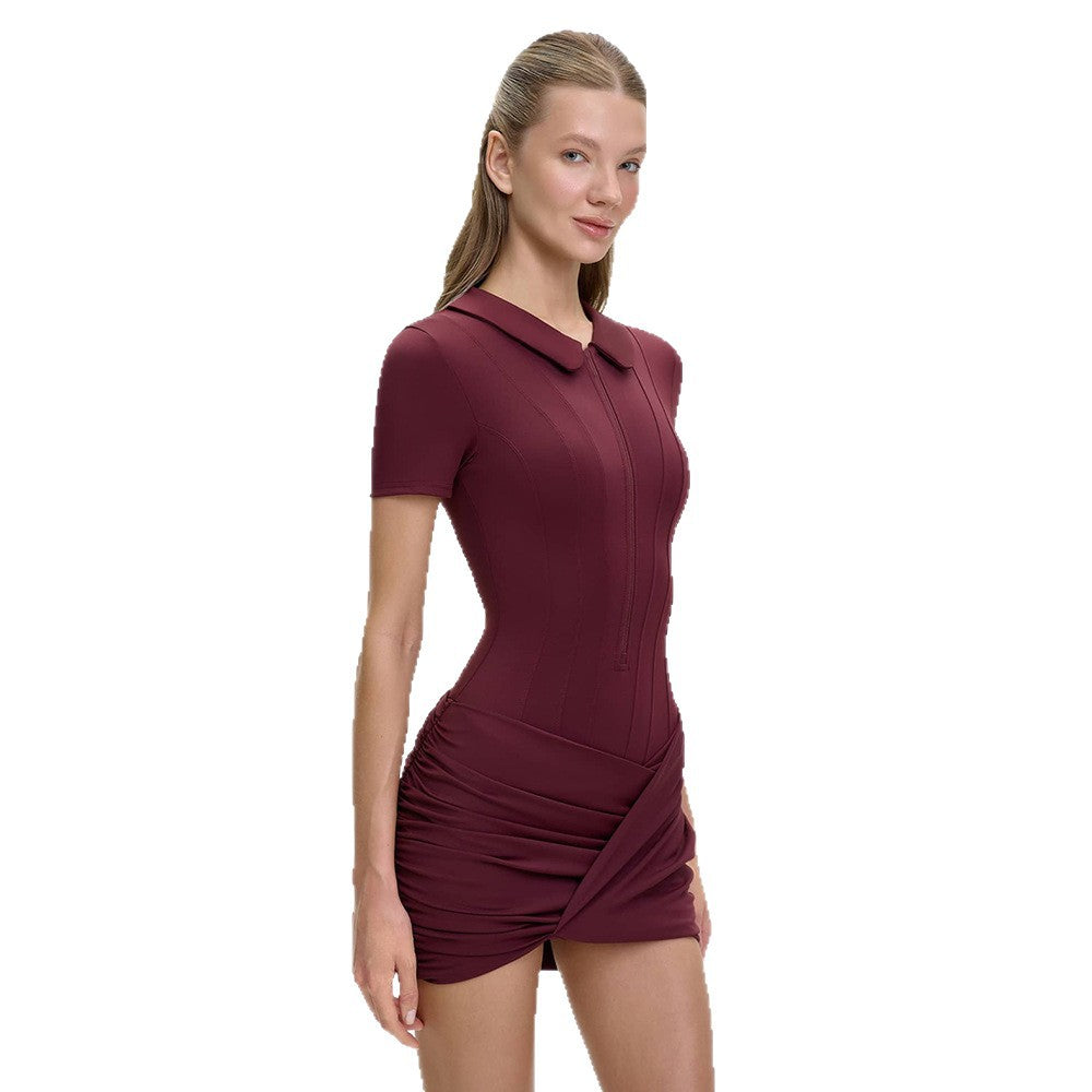 pure desire sexy pleated silm hip-covering jumpsuit fashionelegantpolo collar shortfashion tape jumpsuit
