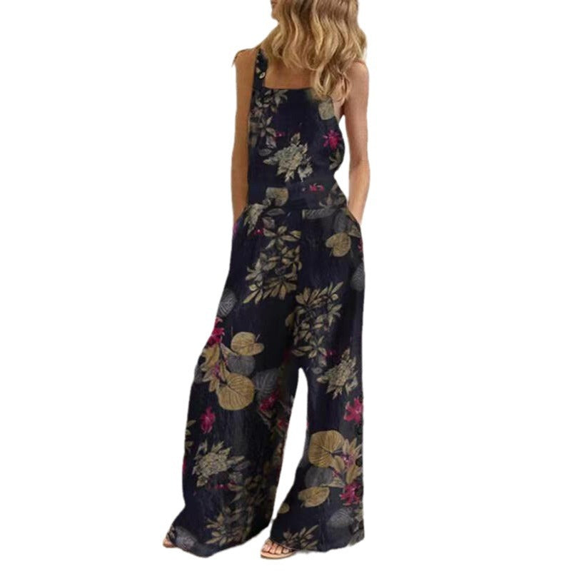 summer cross-border  new european and american fashion digital print loose sleeveless overalls jumpsuit for women