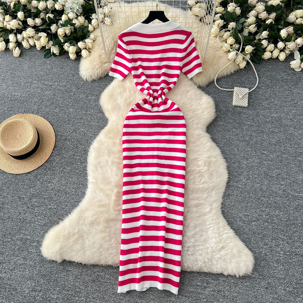 Korean chic retro socialite color block lapel single-breasted striped knit dress - slimming maxi dress