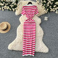Korean chic retro socialite color block lapel single-breasted striped knit dress - slimming maxi dress