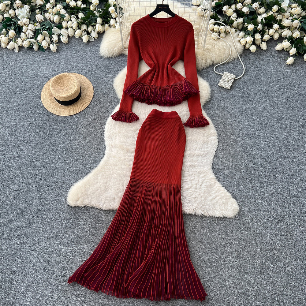 Lightly mature eleganceknittingrufflestops hip skirt two-piece set female autum silmwork clothingelegantsuit