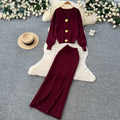 Lazy style metal buckle knittingcardigantopstwo-piece set women's autumclassy sense silm hip skirt suit