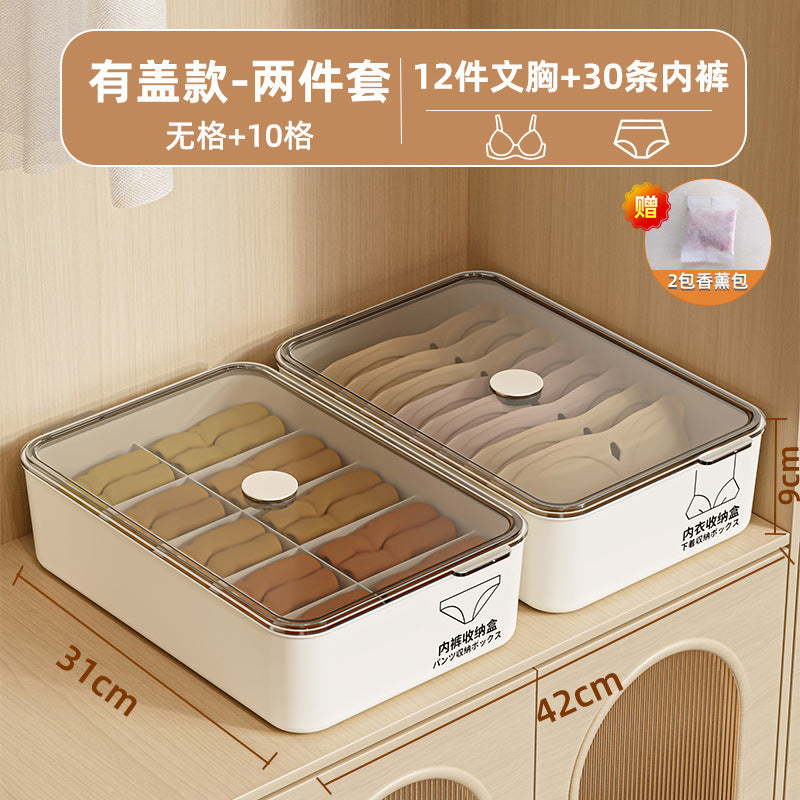 Underwear storage box - home organizer for socks, bras, and panties - 3-in-1 compartmentalized closet organizer with lid - dustproof