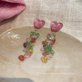 Colorful heart-shaped crushed stone tassel earrings - women's long earrings, spring getaway style, face-slimming, statement accessories