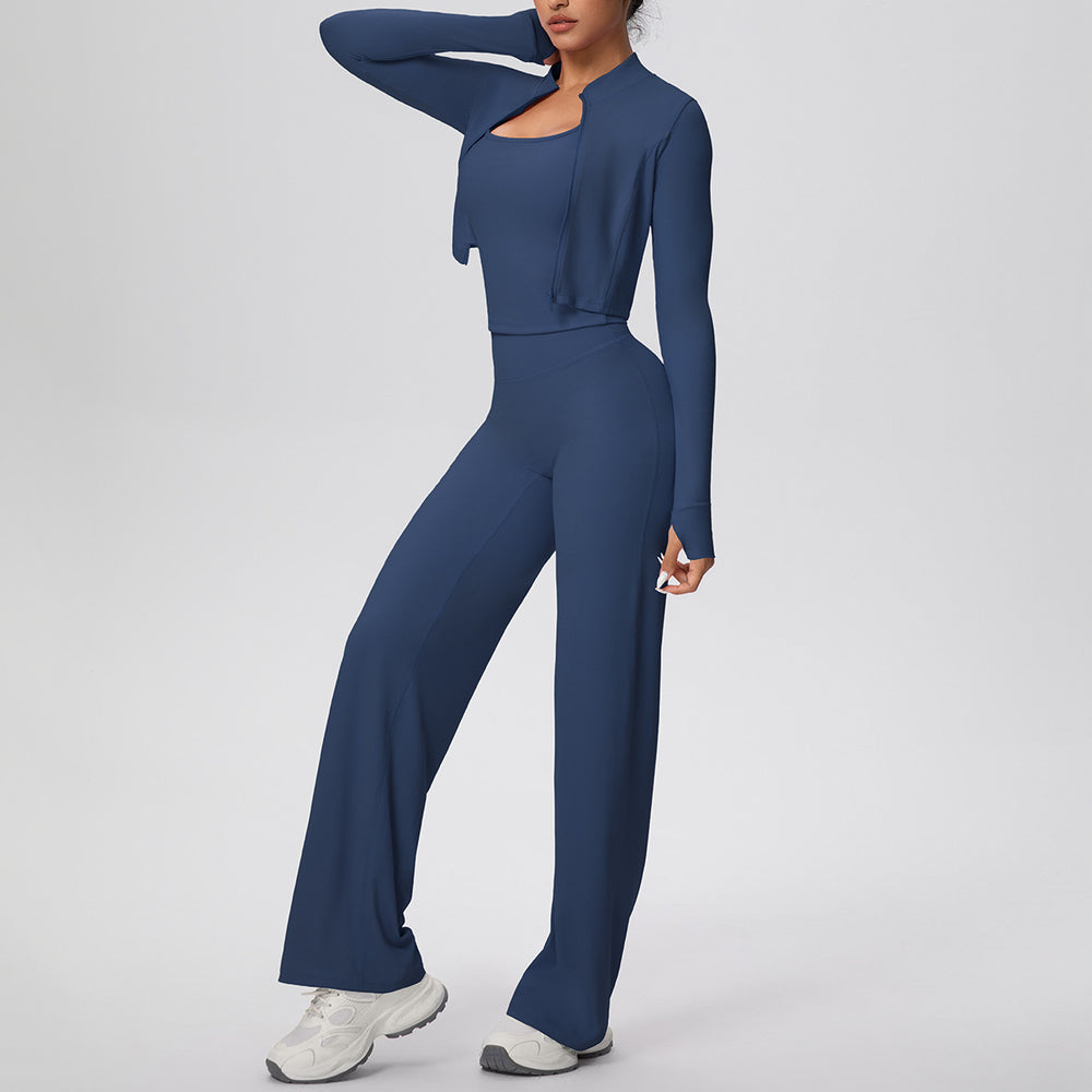 pure color brushed tight tank top wide-leg long three-piece set sports running fitness yoga suit