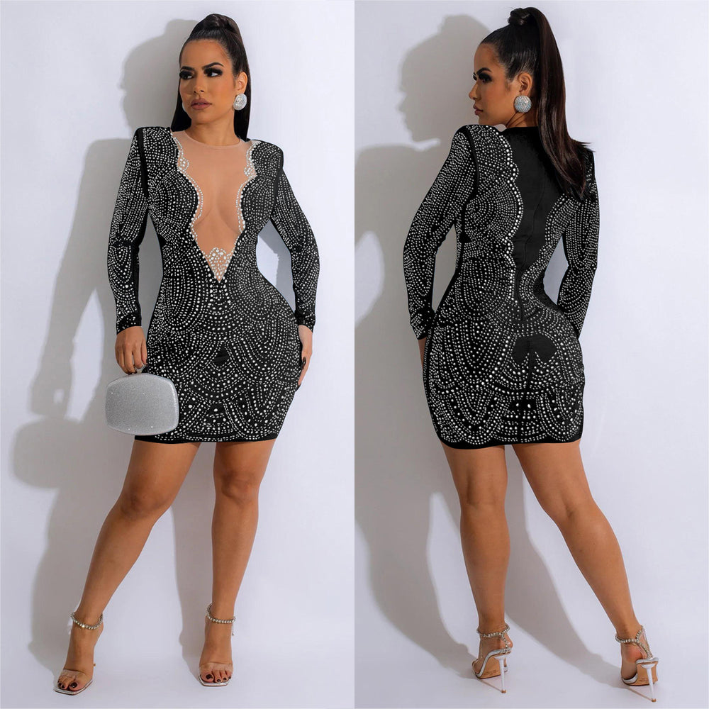 C6185 cross-border   fashion women's solid color hotfix rhinestone mesh v-neck long sleeve dress