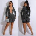 C6185 cross-border   fashion women's solid color hotfix rhinestone mesh v-neck long sleeve dress