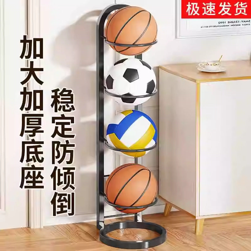 Basketball storage rack - home floor-standing foldable basketball hoop with soccer & volleyball storage - multi-tier sports ball organizer