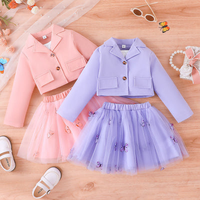 new girls' long-sleeve jacket + vest + skirt three-piece set - spring/autumn mesh skirt outfit for little girls