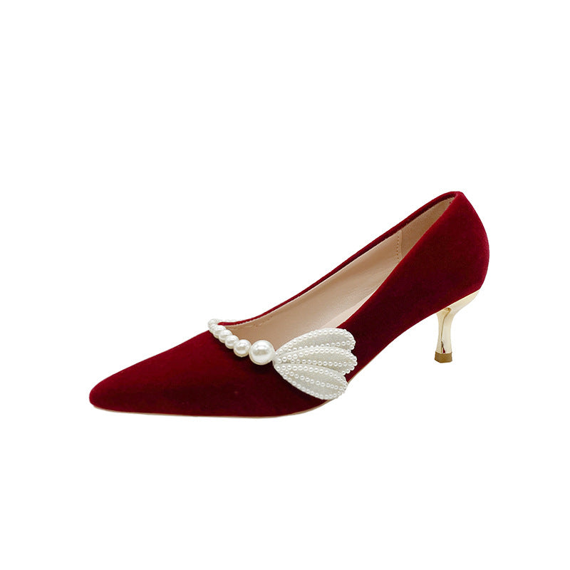 Pearl bridal high heels 2022 new pointed toe xiuhe dress wedding shoes for pregnant women, comfortable chinese style wedding shoes for women