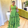 European and american cross-border women's fashion:  summer new arrival - elegant v-neck solid color ruffle trim high-waisted swing sleeveless dress