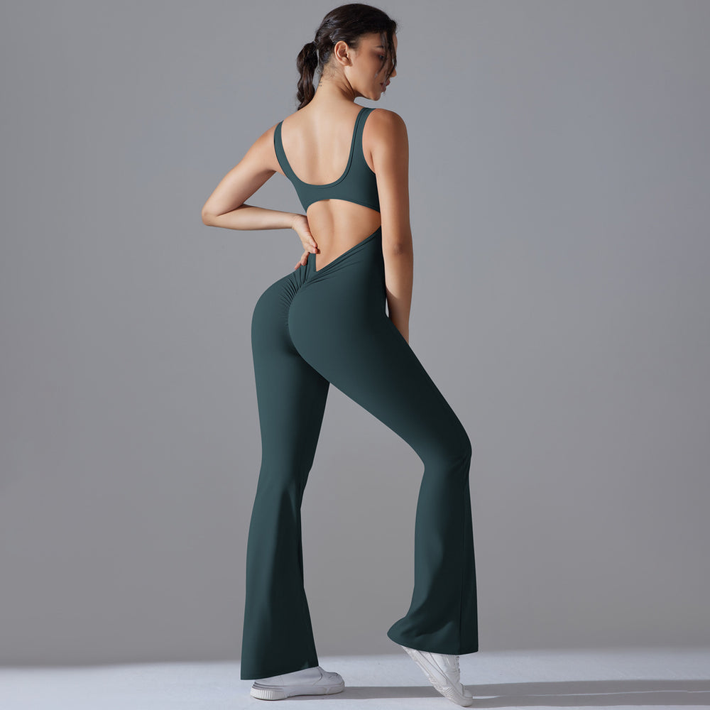 New arrival cross-border pure color beautiful back hip lifting longsilm wide leg jumpsuit sports running fitness jumpsuit yoga wear