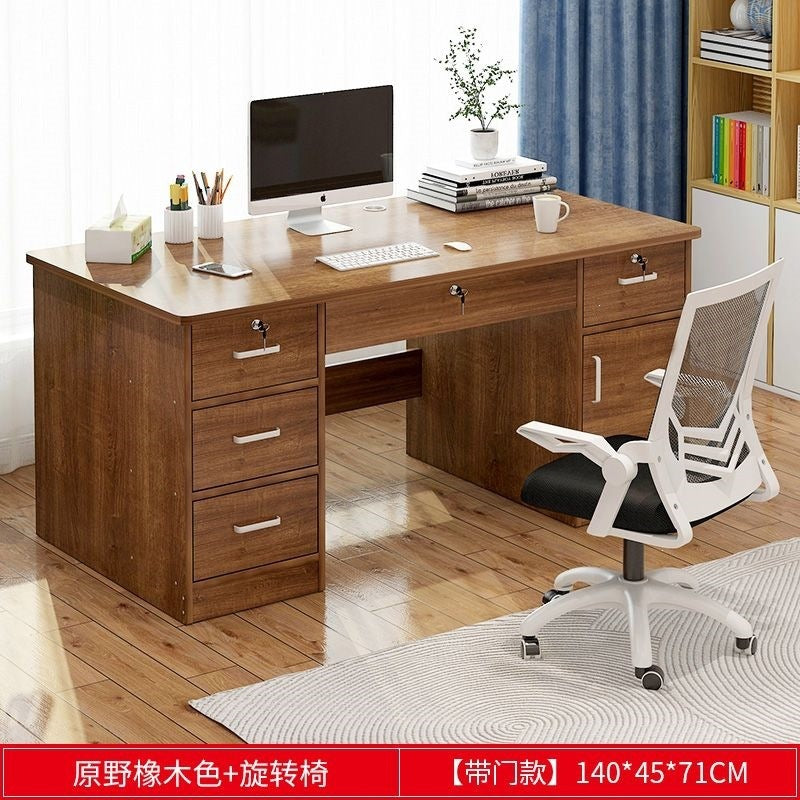 Office desk with lock, workstation with drawers, desk and chair set for employees, home desktop minimalist computer desk