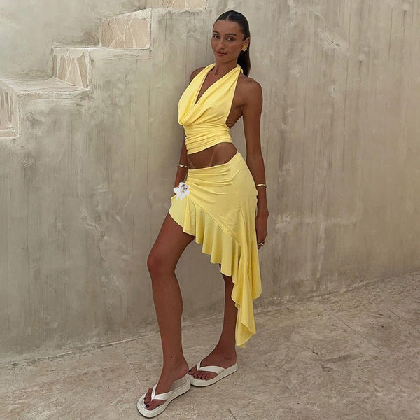 vacation style summer sexy swinging collar halter irregular three-dimensional flower ruffle edge vest skirt set