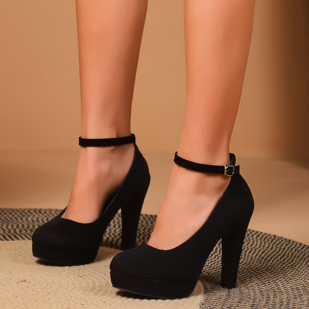 Black suede high heels waterproof platform 11cm buckle plus size high heels flats round toe thick sole mary jane high heels