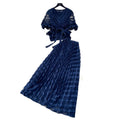 French chic lace v-neck two-piece set for women -  summer collection: tie-waist pleated skirt, slimming and elegant