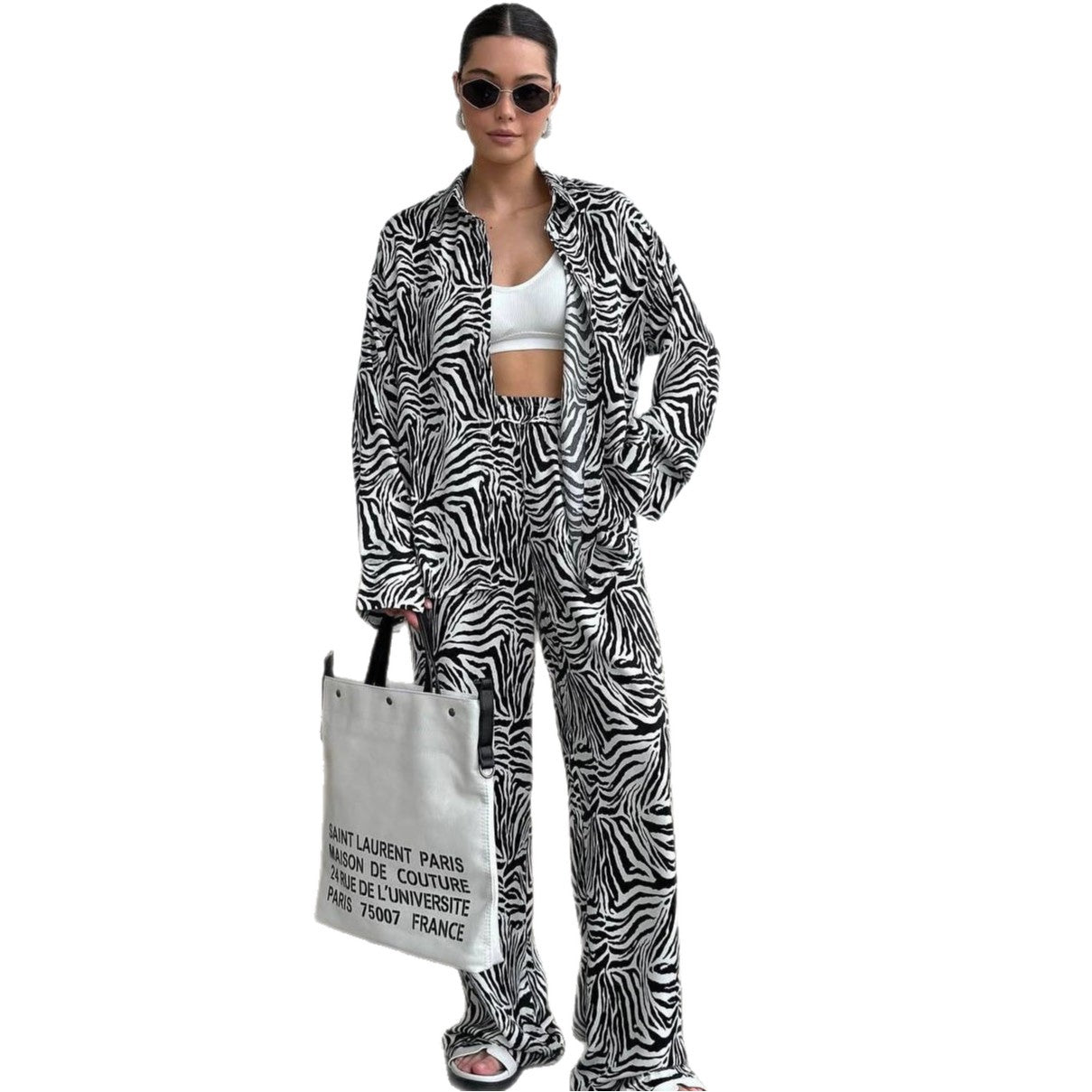 Cross-border European and American suit women's cardigan long-sleeved zebra pattern new shirt trousers women's  foreign style women's two-piece set