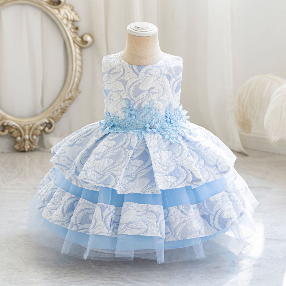 Wholesale children's dresses for export: lace floral tiered princess dress, baby girl's first birthday dress, evening gown