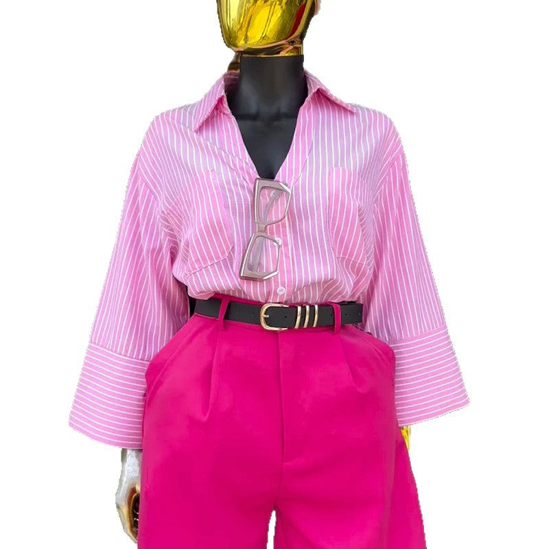 European and american style women's clothing  autumn new collection: sweet and fresh striped turn-down collar loose fit three-quarter sleeve blouse