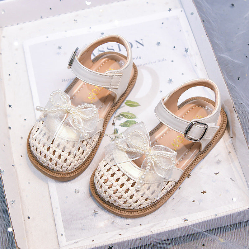 Vancahao girls' lace bowknot woven hollow-out sandals -  summer new collection - kids' closed-toe beach shoes - trendy style