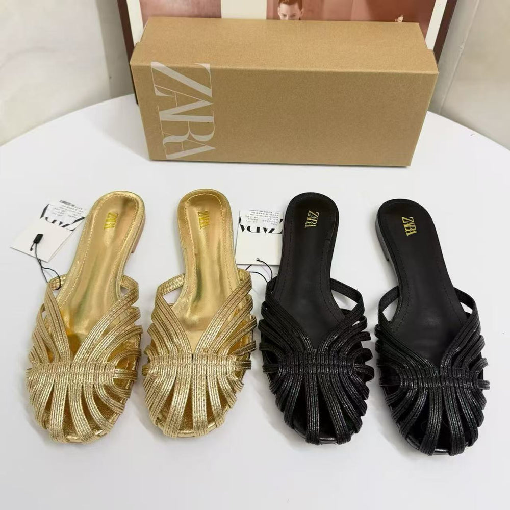 Za's 2026 new women's shoes: french retro closed-toe low heel fashion soft leather niche design cat heel sandals