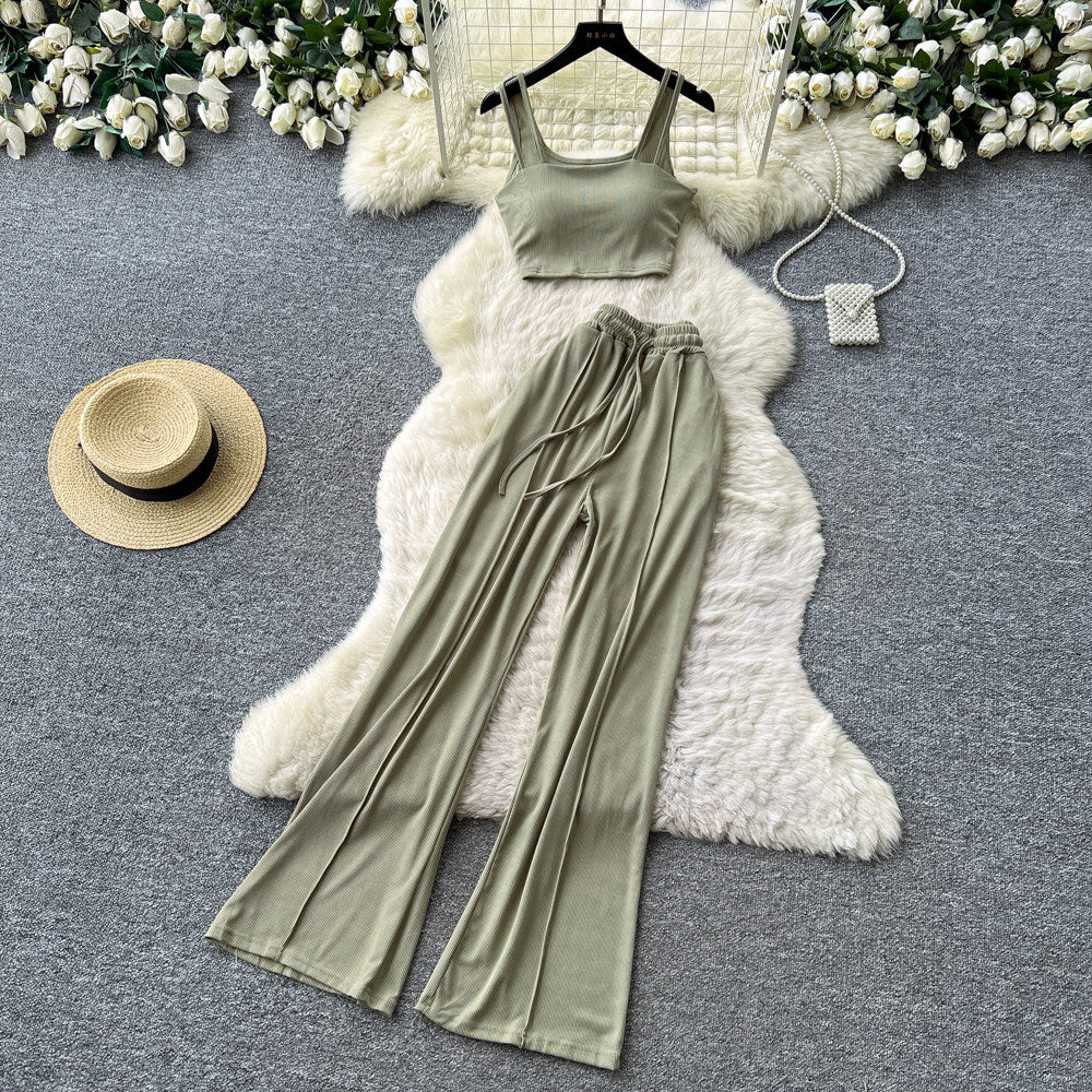 Korean style commute-friendly slim-fit tank top & high-waisted wide-leg pants set - women's summer minimalist casual slimming draped two-piece outfit