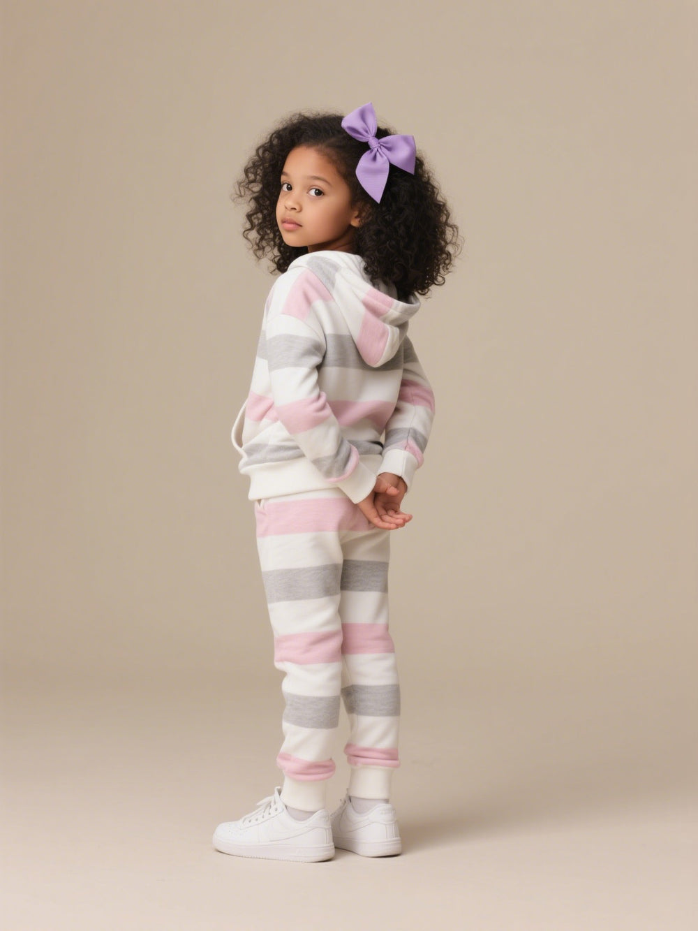 Girls' casual color block striped hoodie and jogger set - autumn activewear two-piece outfit for kids