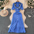 Fall and winter tweed style socialite short-sleeved contrast colorembroider suit collar waist slimming look single-breasted a-line knittingdress