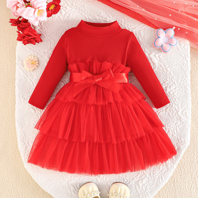 spring/autumn new arrival: cute and elegant long-sleeved turtleneck solid color tiered dress with mesh overlay for baby girls - princess style