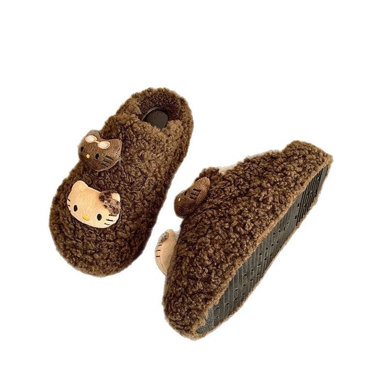 Cute cat fuzzy slippers for women, autumn/winter outdoor wear, 2025 new thick-soled closed-toe half slippers, height-increasing, fleece-lined cotton slippers