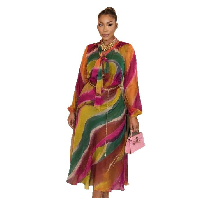 European and american cross-border women's fashion  summer new arrival: elegant printed tie-neck blouse and high-waisted midi skirt set