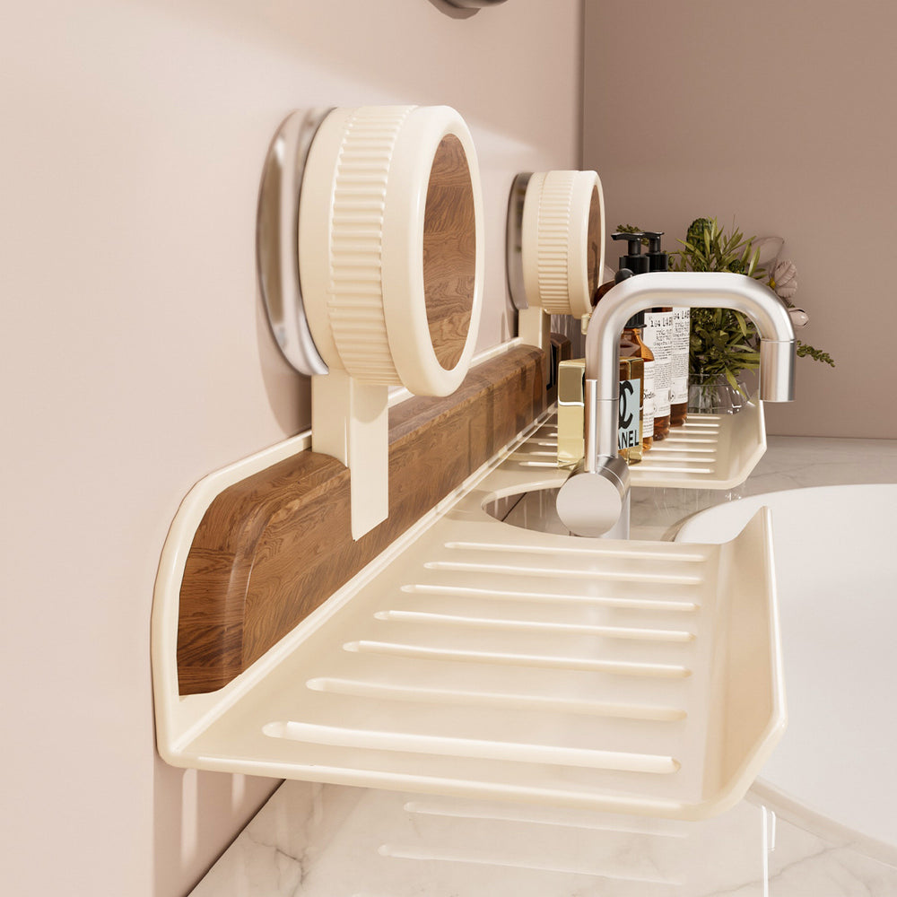Walnut suction cup bathroom organizer - no drilling required - over-mirror faucet & vanity storage shelf
