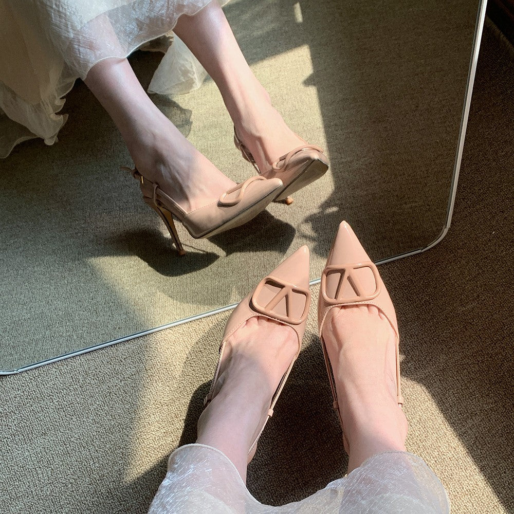 Yx french one-line beautiful v buckle elegant high heels stiletto pointed toe one-line beautiful toe cap sandals nude women's shoes