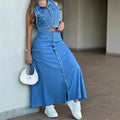 European and american style high-waisted midi skirt -  cross-border fashion women's single-breasted button denim skirt with slit and large pockets