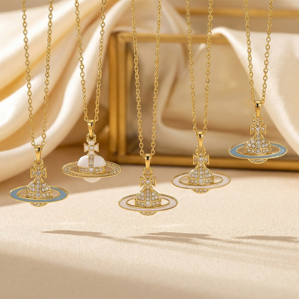 Fashionbest selling copper inlaid zirconium oil drop western queen mother saturn necklace women's accessible luxury niche styleeasiest for matchelegant collarbone chain jewelry