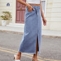 European and american cross-border e-commerce women's summer new arrivals:   washed asymmetrical denim slit maxi skirt