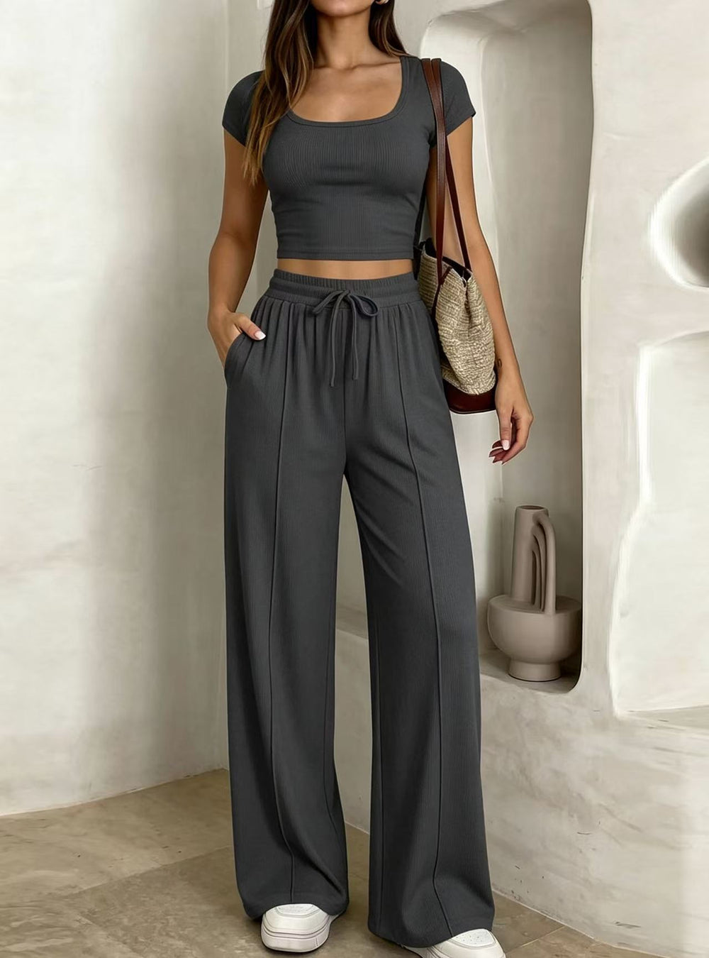 spring/summer new arrival: y2 european and american style women's casual slim-fit two-piece set - short sleeve top and long pants - commute outfit