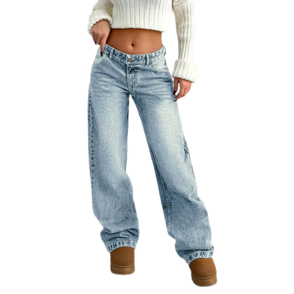 European and american style women's light blue high-waisted straight-leg jeans - vintage washed, basic, casual, long, and floor-sweeping denim pants