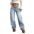 European and american style women's light blue high-waisted straight-leg jeans - vintage washed, basic, casual, long, and floor-sweeping denim pants